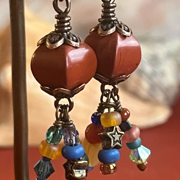 Red Jasper and Multicolor Boho Earrings, Colorful Beads Dangles, Wire Wrapped Ge - Picture 3 of 7